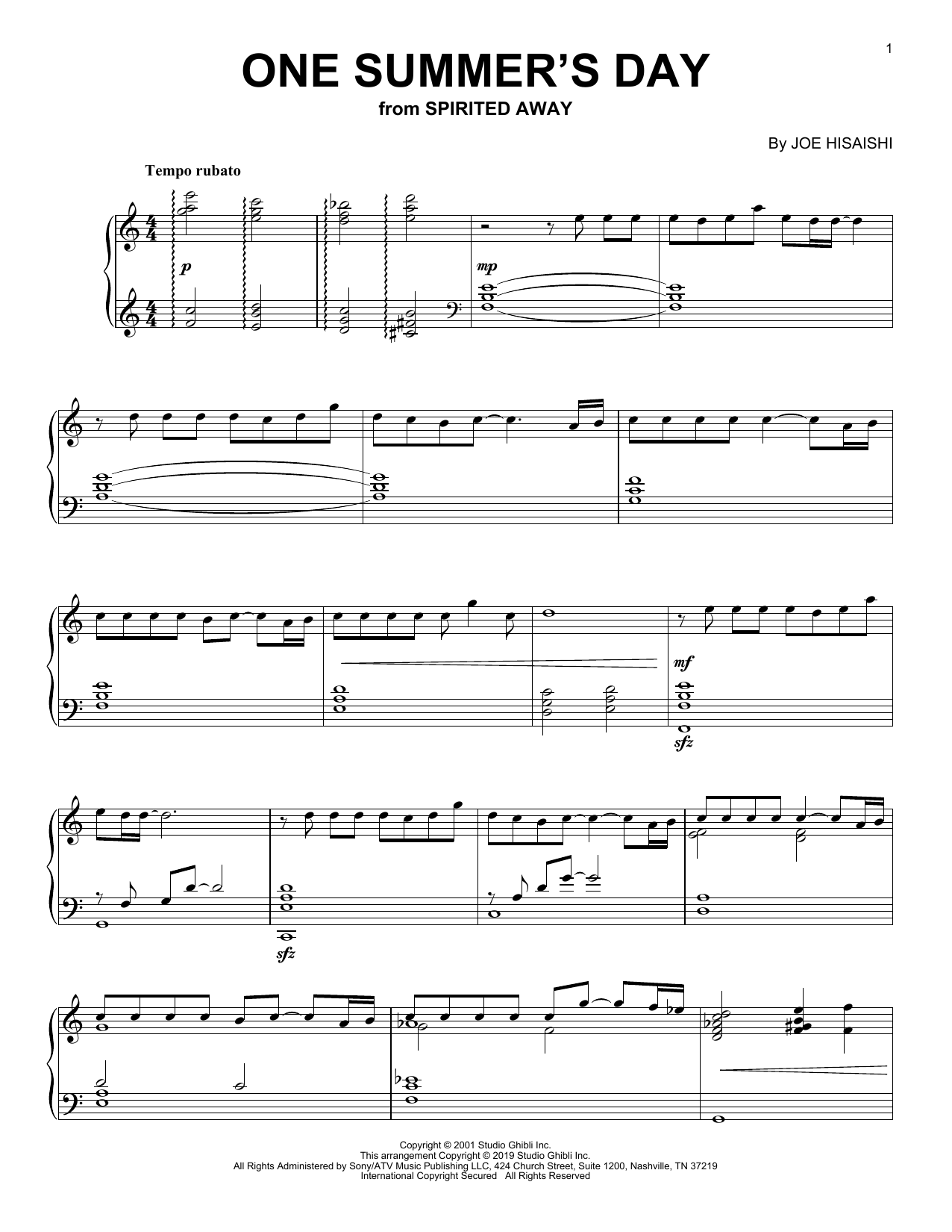 Joe Hisaishi One Summer's Day (from Spirited Away) Sheet Music Notes & Chords for Easy Piano - Download or Print PDF
