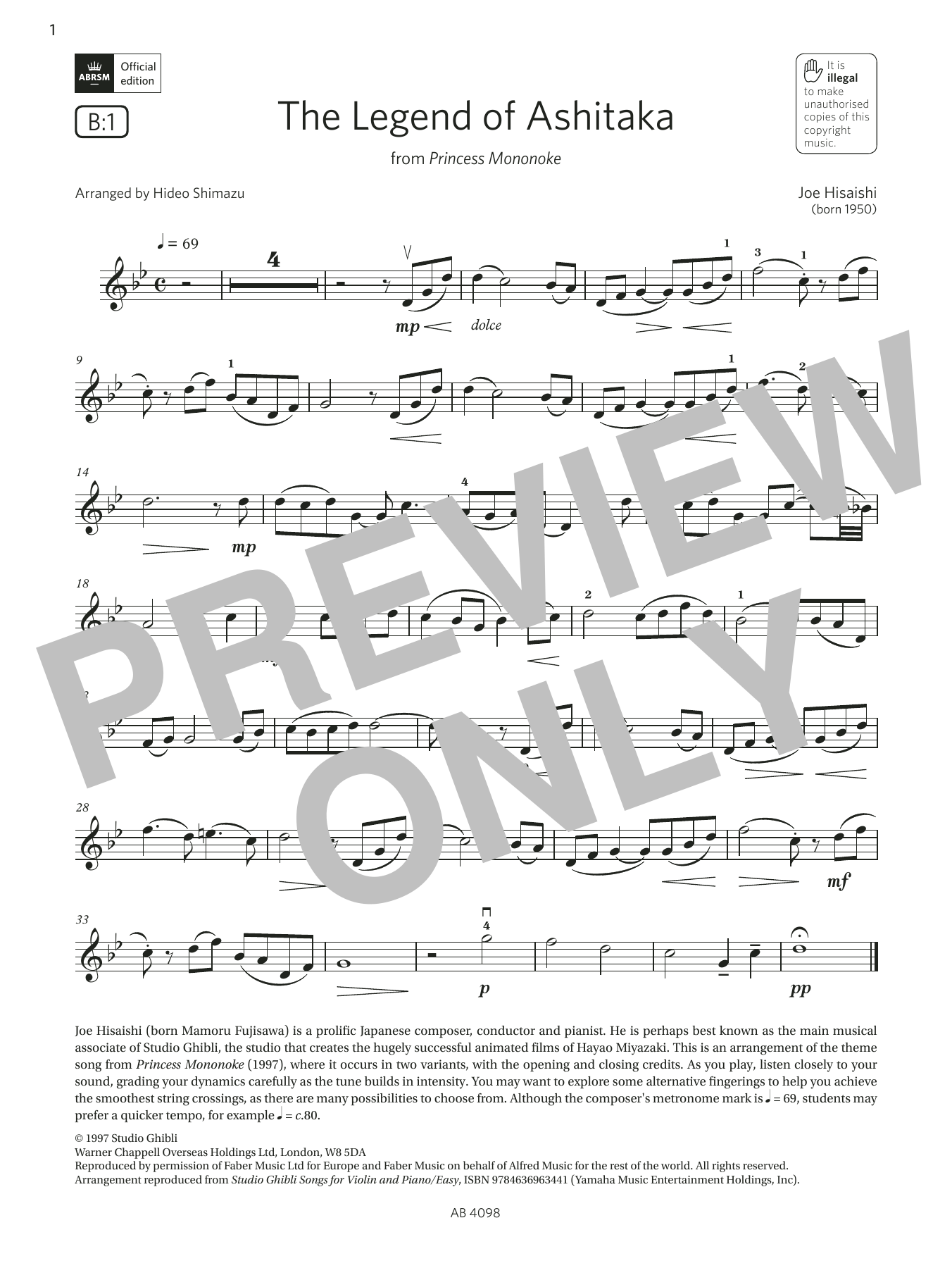 Joe Hisaishi The Legend of Ashitaka (Grade 4, B1, from the ABRSM Violin Syllabus from 2024) Sheet Music Notes & Chords for Violin Solo - Download or Print PDF Joe Hisaishi The Legend of Ashitaka (Grade 4, B1, from the ABRSM Violin Syllabus from 2024) Sheet Music Notes & Chords for Violin Solo - Download or Print PDF