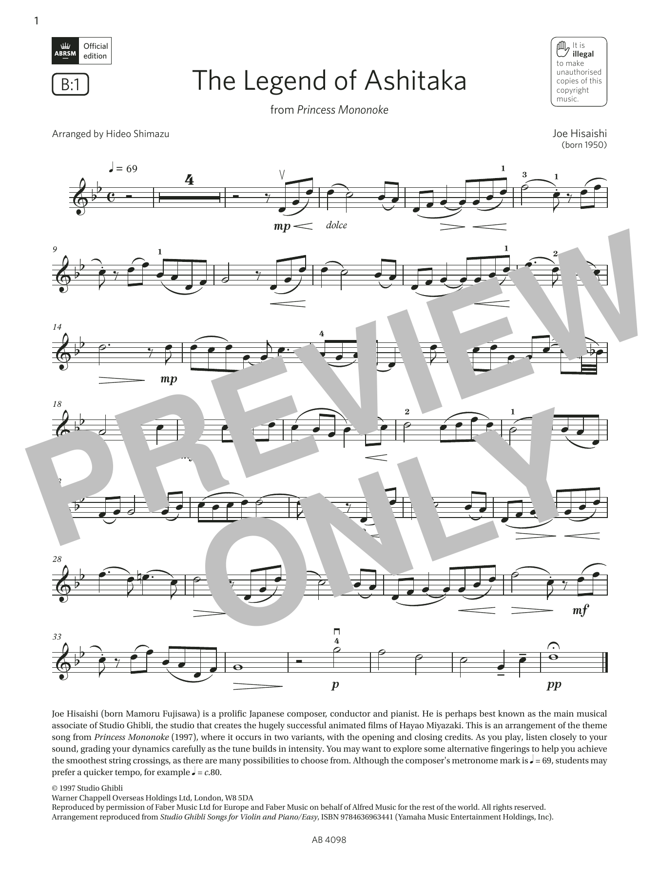 Joe Hisaishi The Legend of Ashitaka (Grade 4, B1, from the ABRSM Violin Syllabus from 2024) Sheet Music Notes & Chords for Violin Solo - Download or Print PDF