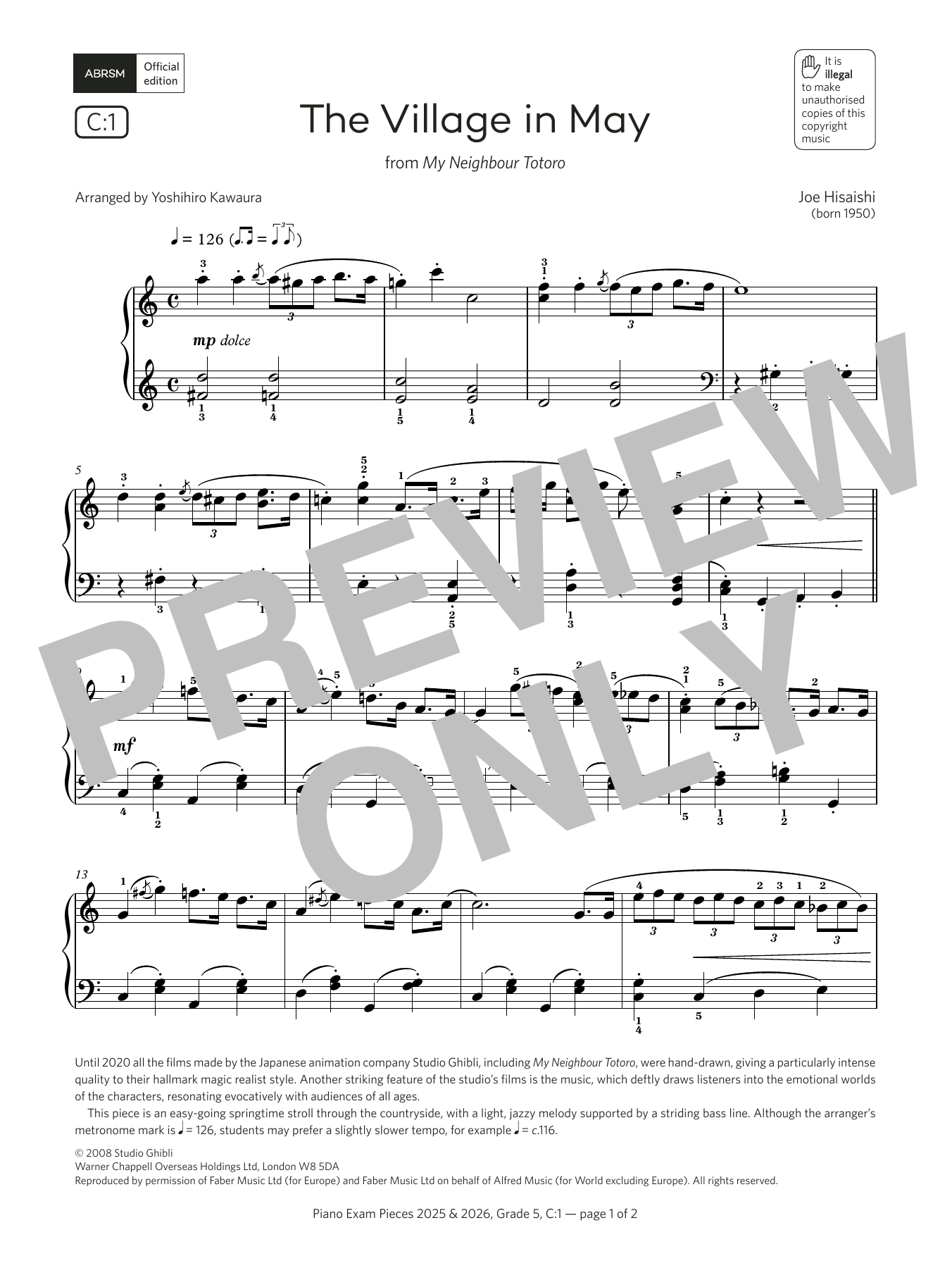 Joe Hisaishi The Village in May (Grade 5, list C1, from the ABRSM Piano Syllabus 2025 & 2026) Sheet Music Notes & Chords for Piano Solo - Download or Print PDF