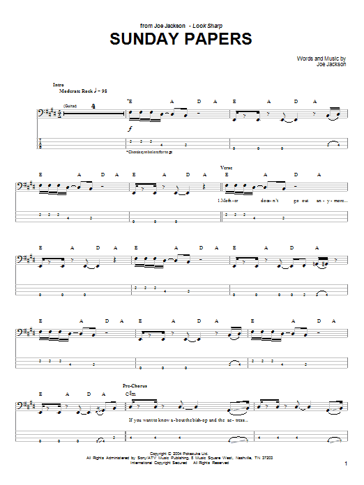 Joe Jackson Sunday Papers Sheet Music Notes & Chords for Bass Guitar Tab - Download or Print PDF