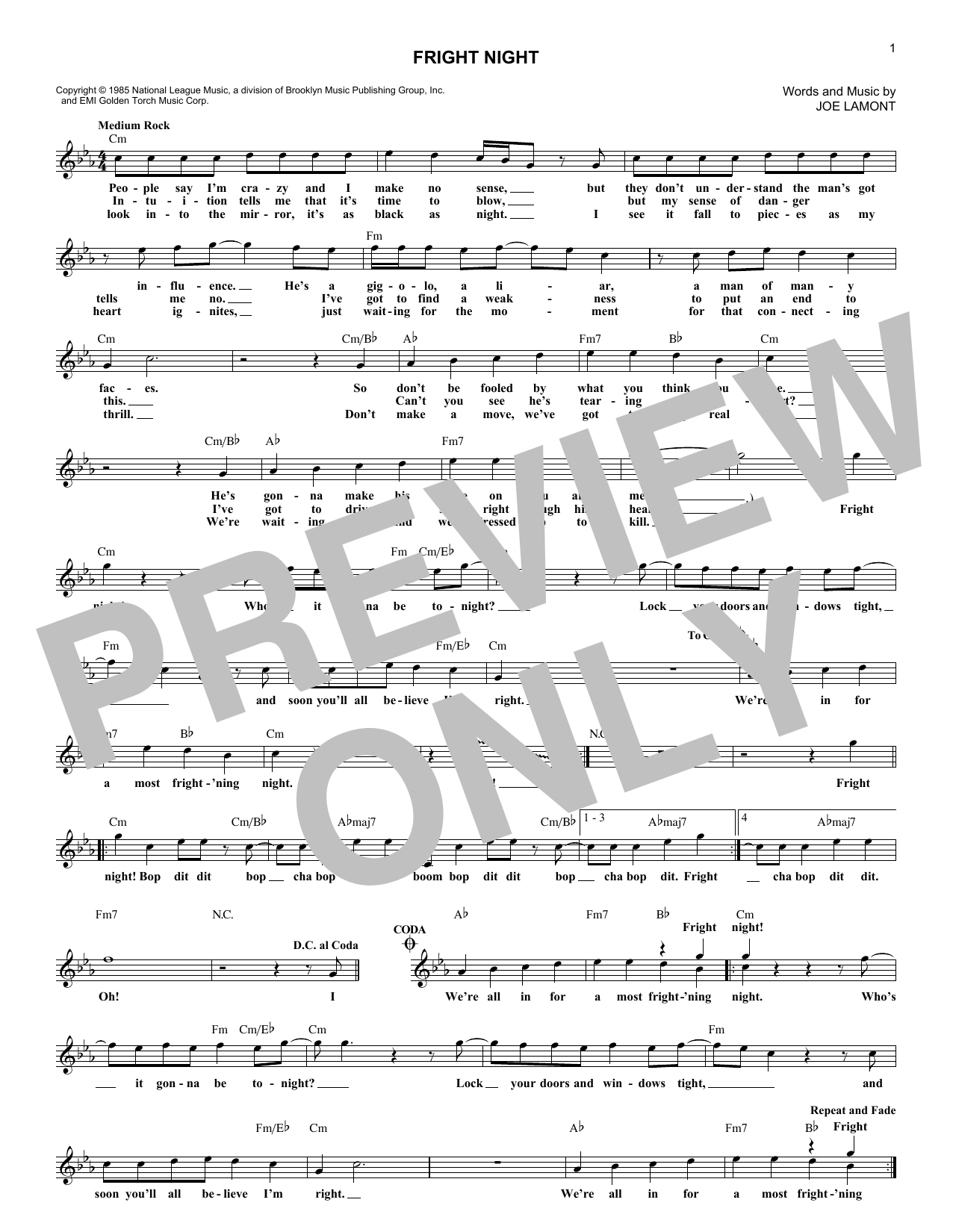 Joe Lamont Fright Night Sheet Music Notes & Chords for Melody Line, Lyrics & Chords - Download or Print PDF