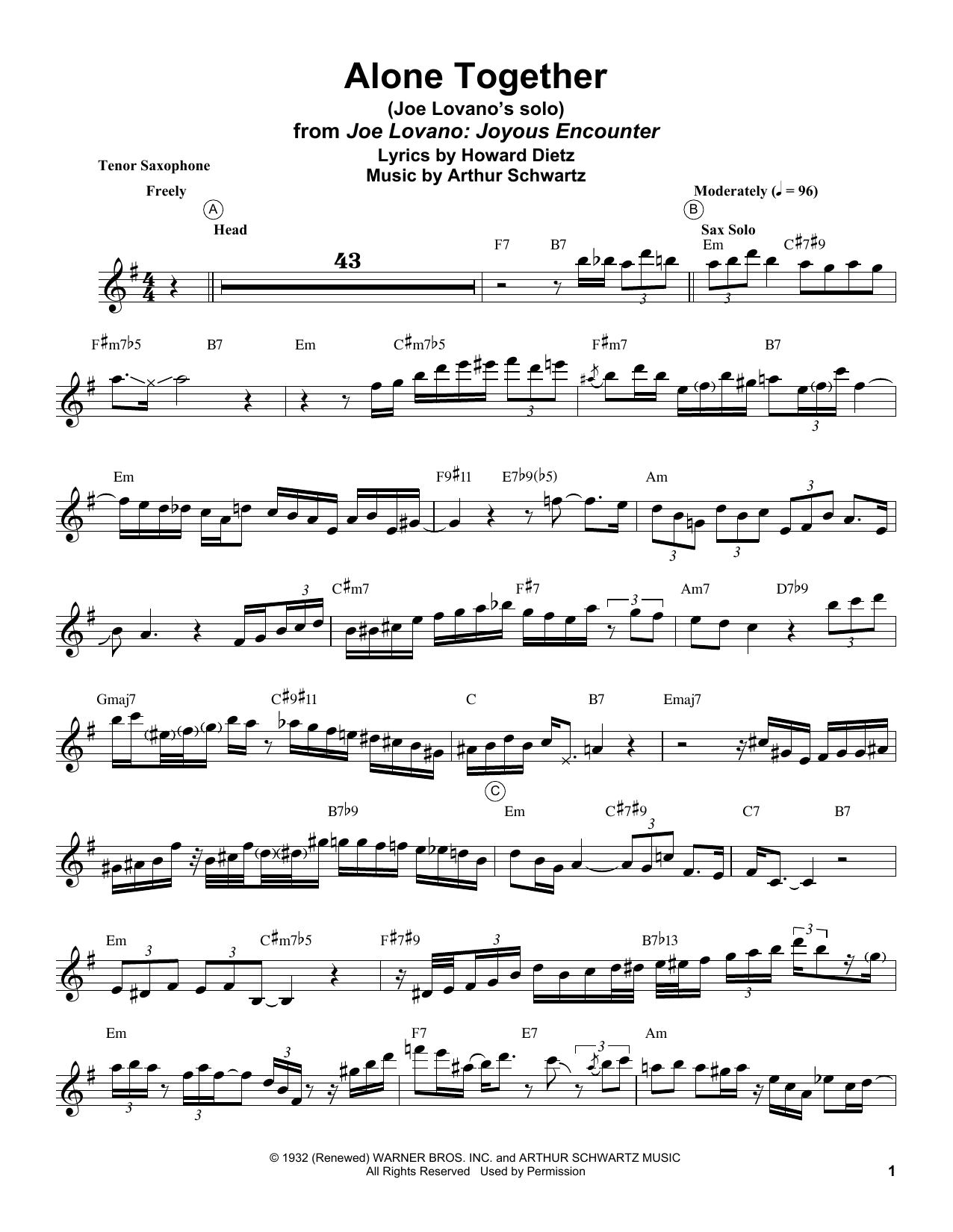 Joe Lovano Alone Together Sheet Music Notes & Chords for Tenor Sax Transcription - Download or Print PDF
