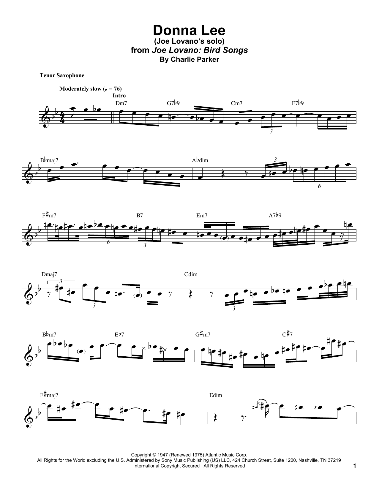 Joe Lovano Donna Lee Sheet Music Notes & Chords for Tenor Sax Transcription - Download or Print PDF