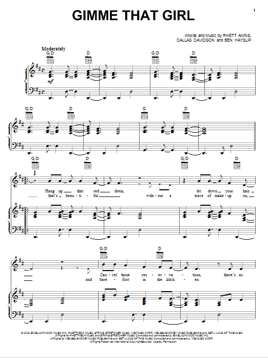 Joe Nichols Gimme That Girl Sheet Music Notes & Chords for Piano, Vocal & Guitar (Right-Hand Melody) - Download or Print PDF