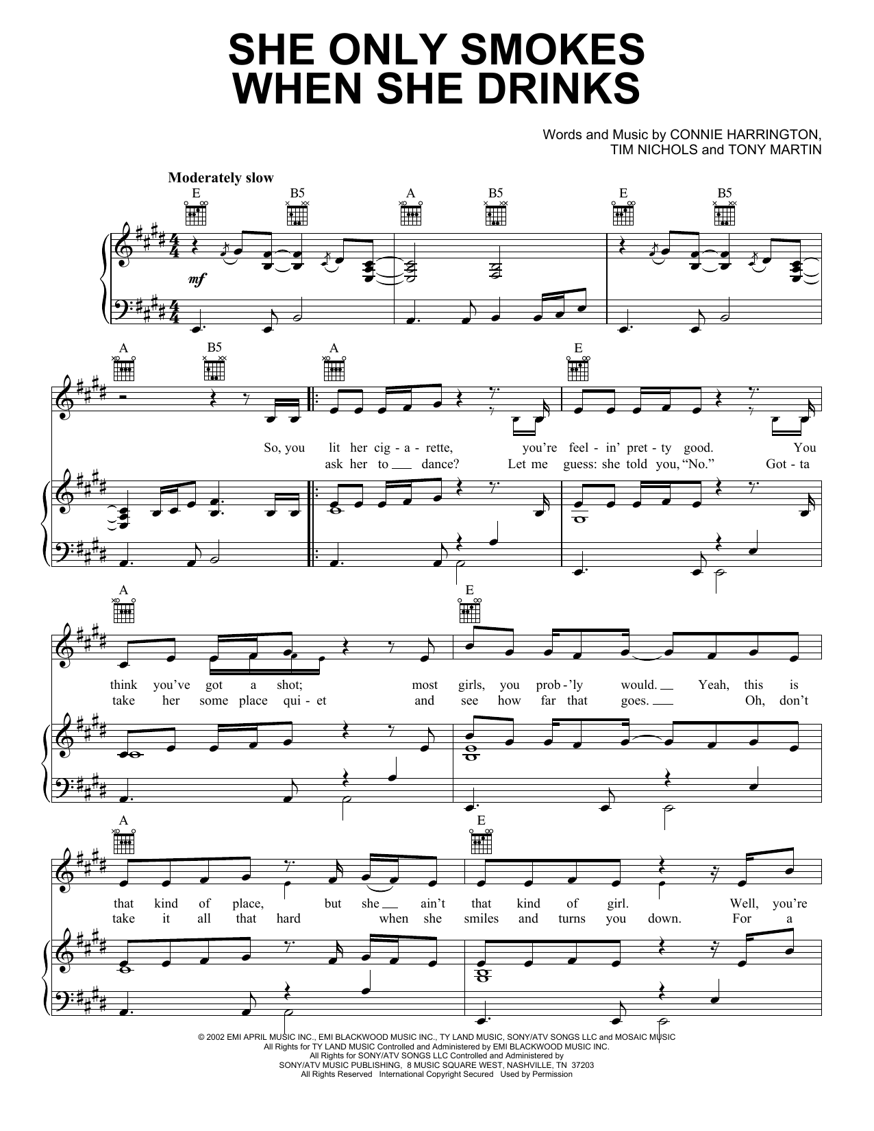 Joe Nichols She Only Smokes When She Drinks Sheet Music Notes & Chords for Piano, Vocal & Guitar (Right-Hand Melody) - Download or Print PDF