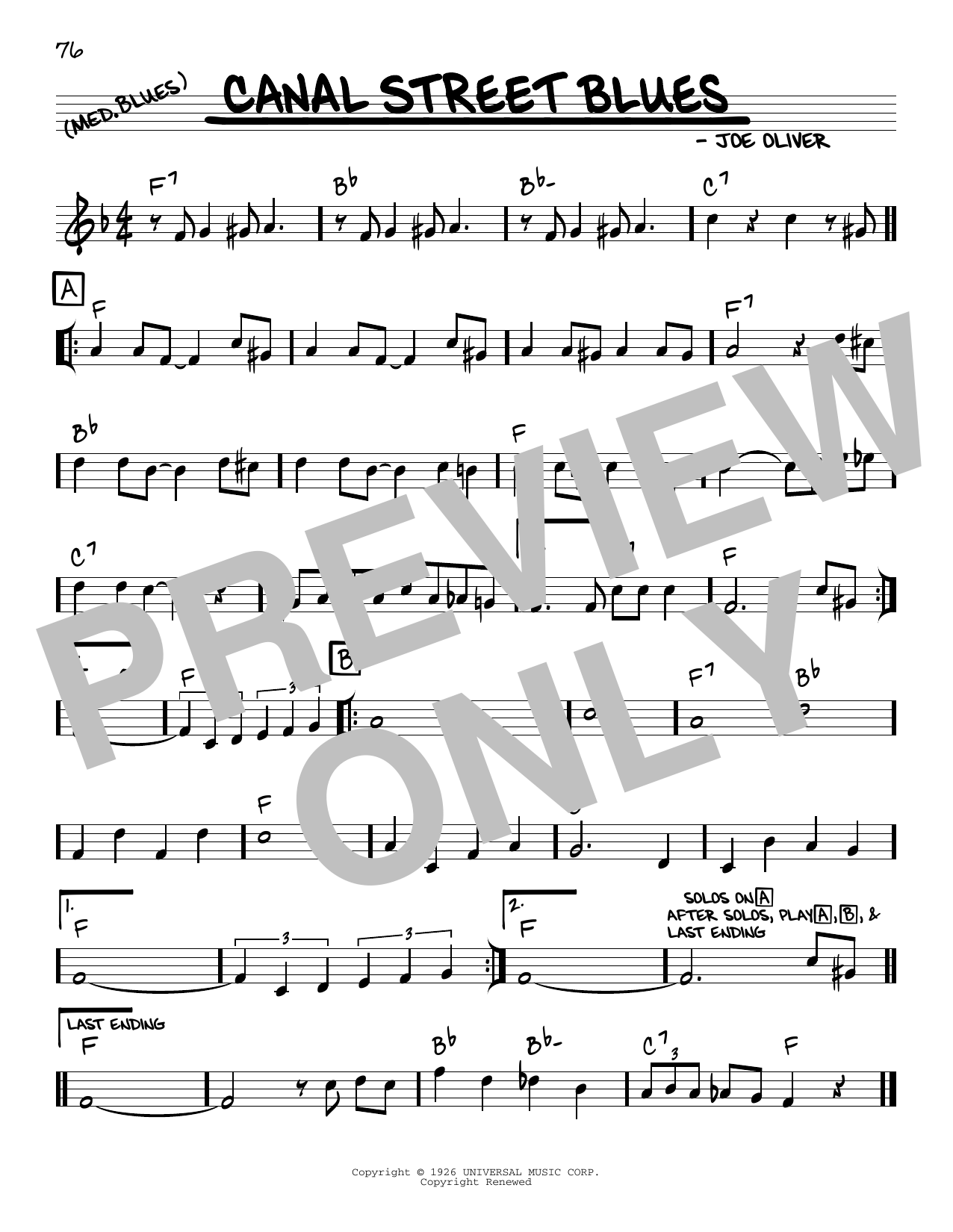 Joe Oliver Canal Street Blues (arr. Robert Rawlins) Sheet Music Notes & Chords for Real Book – Melody, Lyrics & Chords - Download or Print PDF