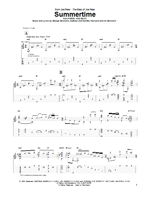 Joe Pass Summertime Sheet Music Notes & Chords for Guitar Tab - Download or Print PDF