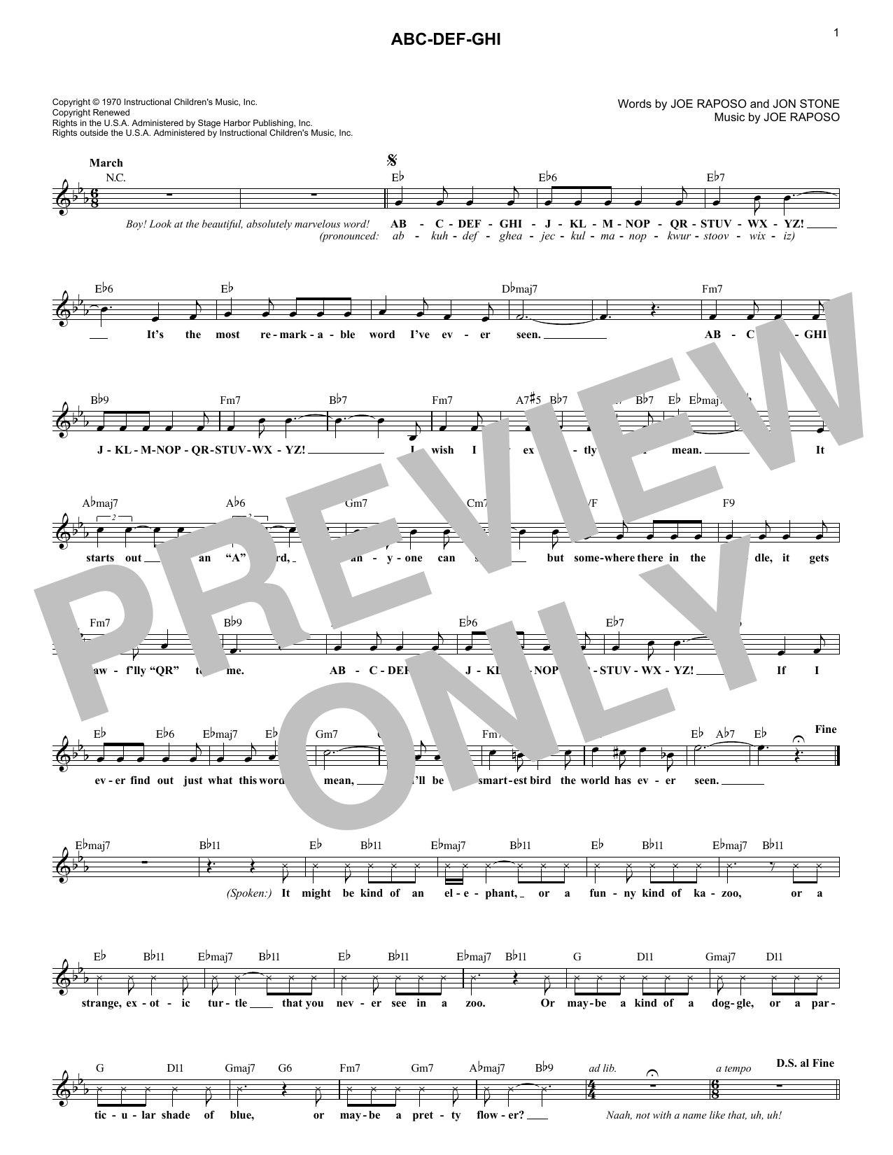 Joe Raposo ABC-DEF-GHI Sheet Music Notes & Chords for Melody Line, Lyrics & Chords - Download or Print PDF