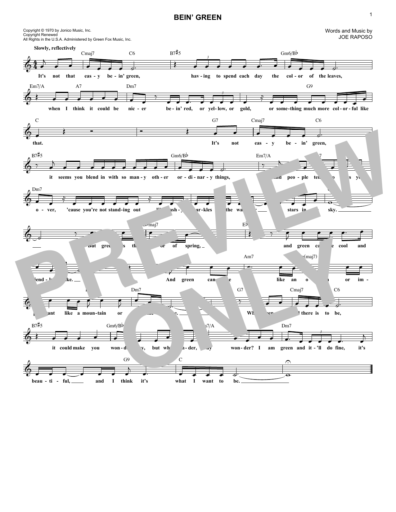 Joe Raposo Bein' Green Sheet Music Notes & Chords for Melody Line, Lyrics & Chords - Download or Print PDF