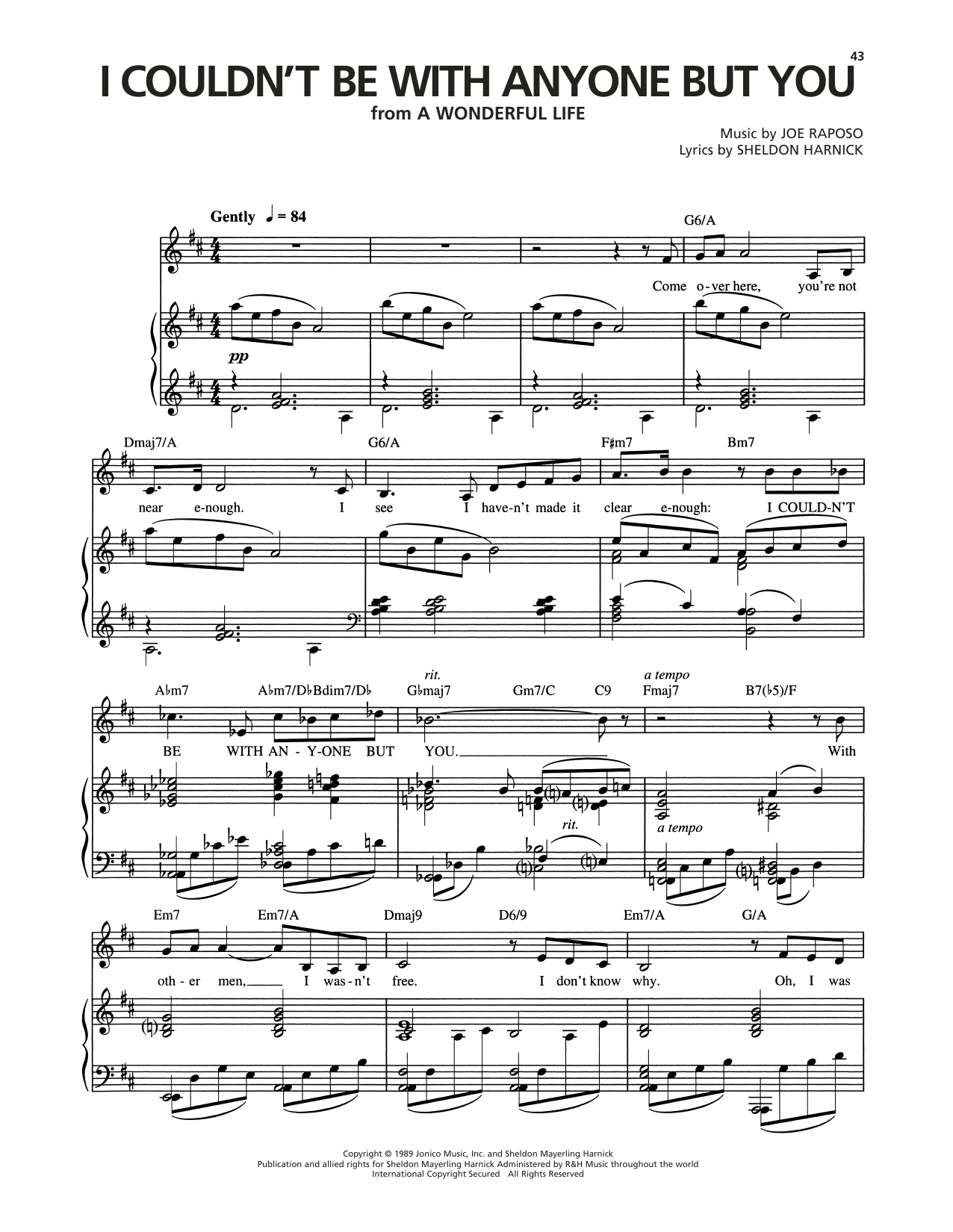 Joe Raposo I Couldn't Be With Anyone But You (from A Wonderful Life) Sheet Music Notes & Chords for Piano, Vocal & Guitar Chords (Right-Hand Melody) - Download or Print PDF