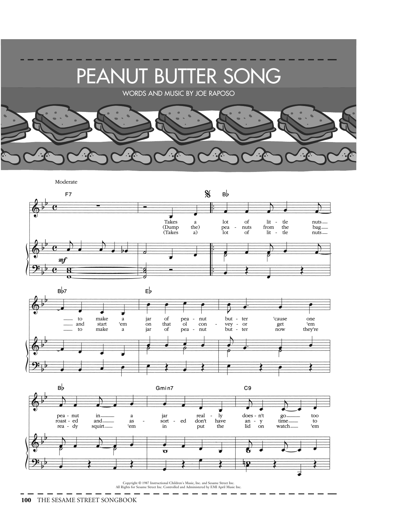 Joe Raposo Peanut Butter Song (from Sesame Street) Sheet Music Notes & Chords for Piano, Vocal & Guitar Chords (Right-Hand Melody) - Download or Print PDF