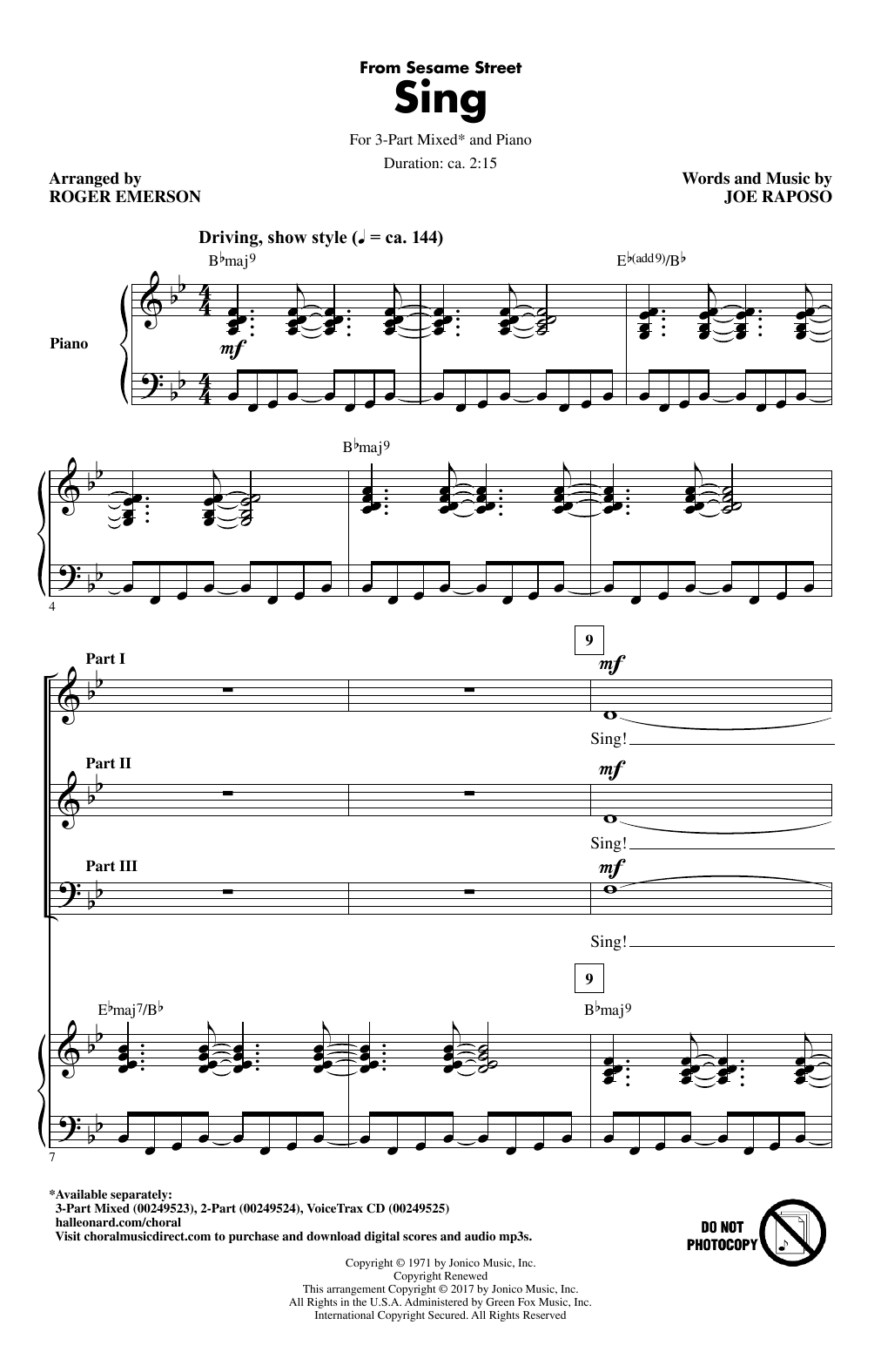 Joe Raposo Sing (from Sesame Street) (arr. Roger Emerson) Sheet Music Notes & Chords for 3-Part Mixed - Download or Print PDF
