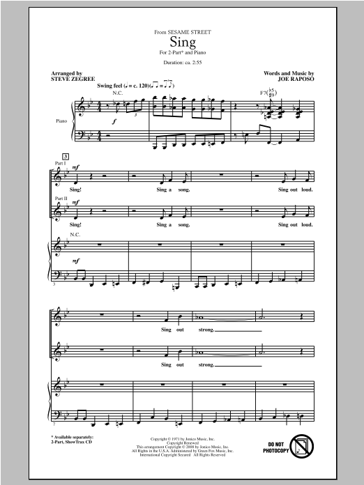 Joe Raposo Sing (from Sesame Street) (arr. Steve Zegree) Sheet Music Notes & Chords for 2-Part Choir - Download or Print PDF