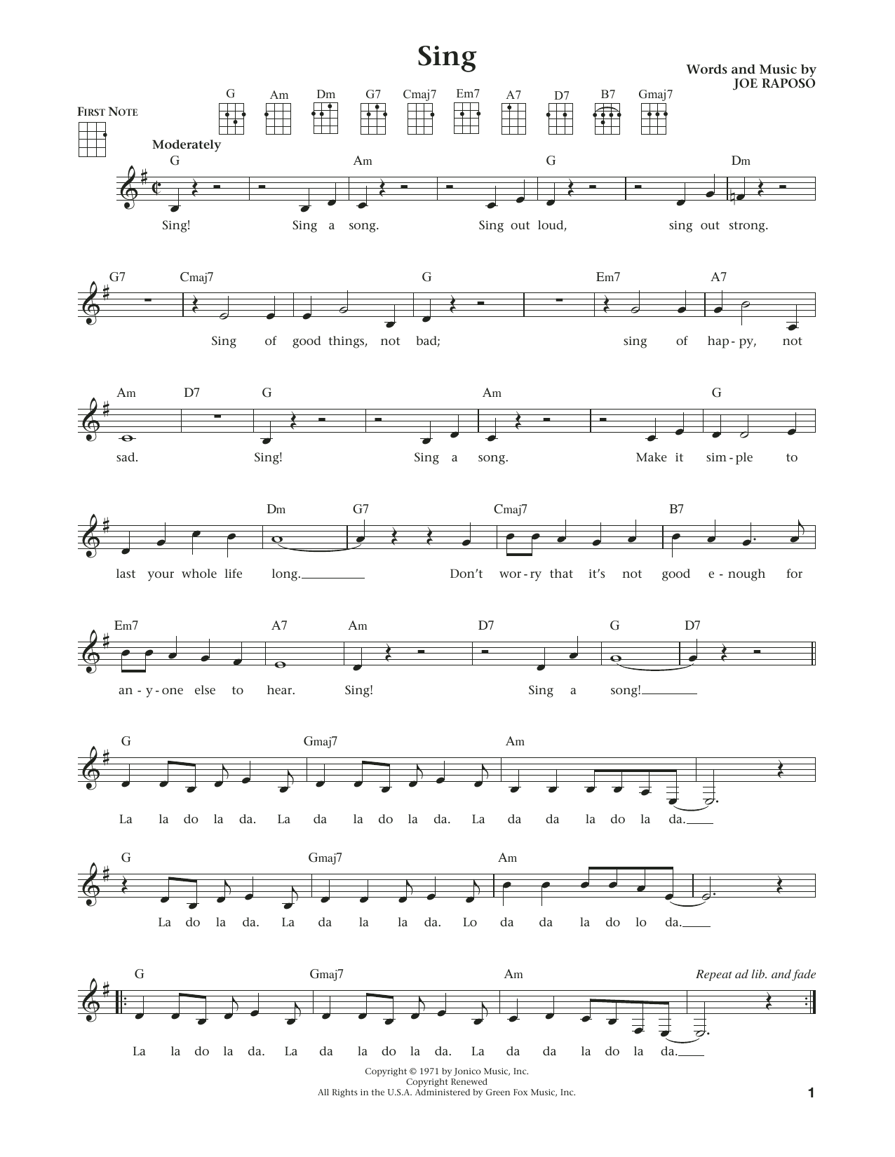Joe Raposo Sing (from The Daily Ukulele) (arr. Liz and Jim Beloff) Sheet Music Notes & Chords for Ukulele - Download or Print PDF Joe Raposo Sing (from The Daily Ukulele) (arr. Liz and Jim Beloff) Sheet Music Notes & Chords for Ukulele - Download or Print PDF