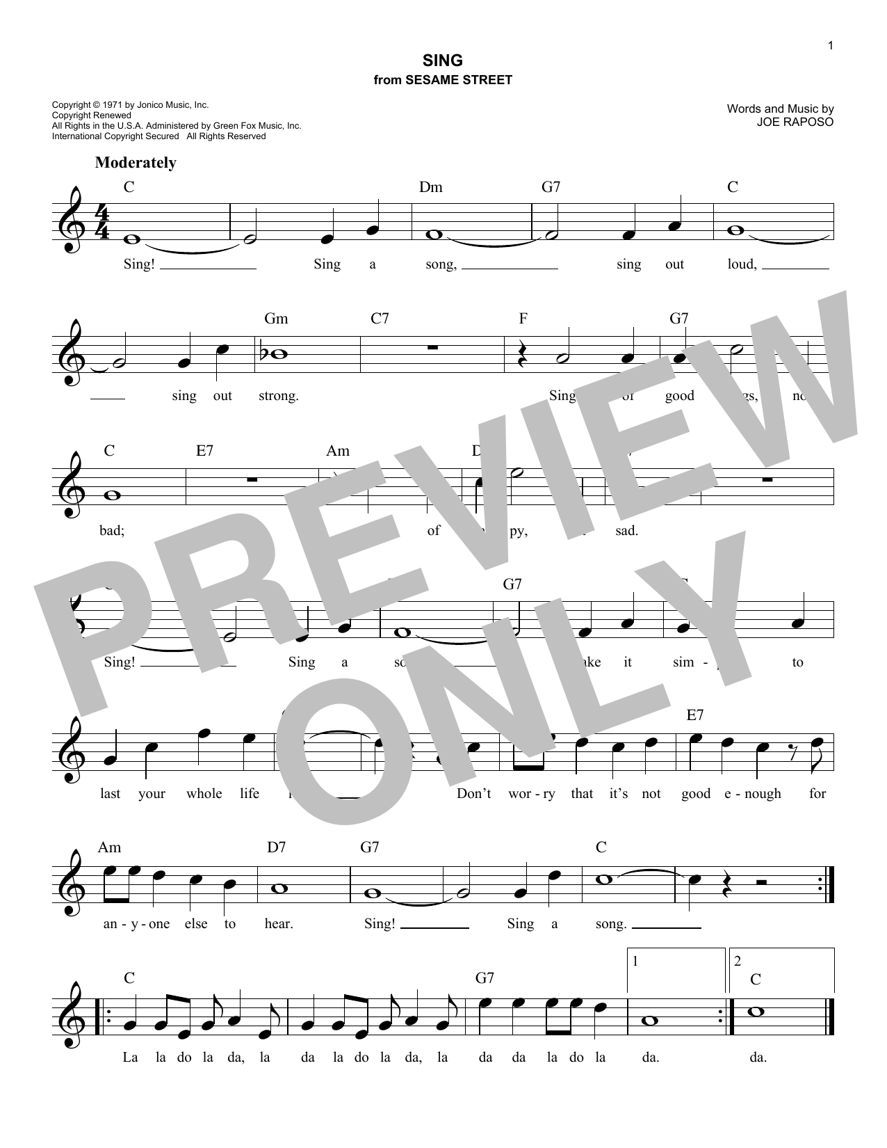 Joe Raposo Sing Sheet Music Notes & Chords for Melody Line, Lyrics & Chords - Download or Print PDF