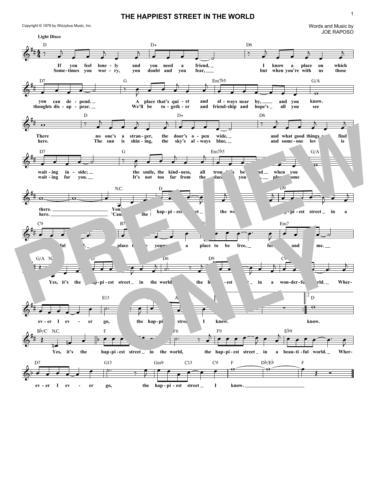 Joe Raposo The Happiest Street In The World Sheet Music Notes & Chords for Melody Line, Lyrics & Chords - Download or Print PDF
