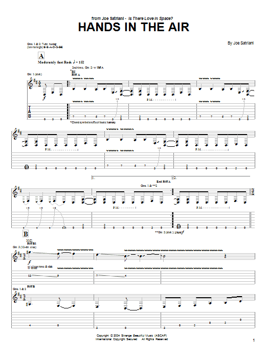 Joe Satriani Hands In The Air Sheet Music Notes & Chords for Guitar Tab - Download or Print PDF