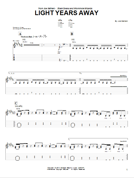 Joe Satriani Light Years Away Sheet Music Notes & Chords for Guitar Tab - Download or Print PDF