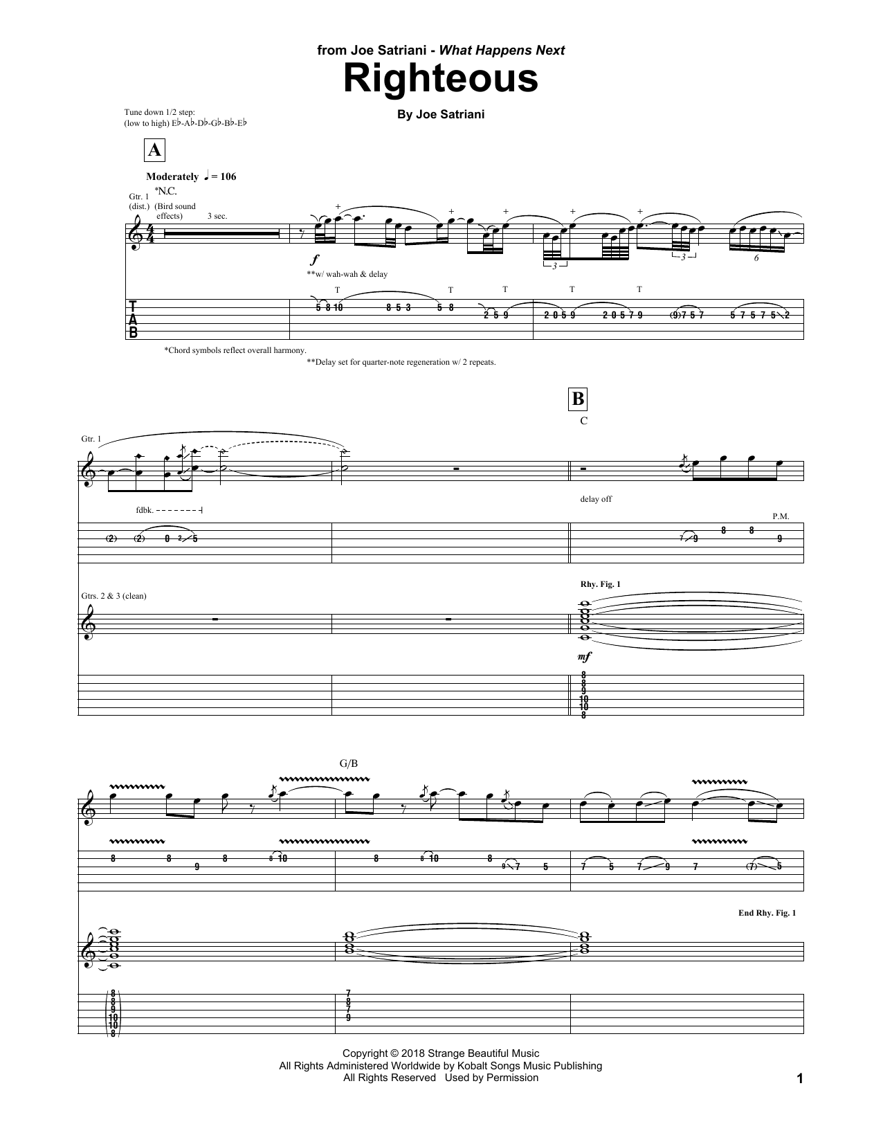 Joe Satriani Righteous Sheet Music Notes & Chords for Guitar Tab - Download or Print PDF