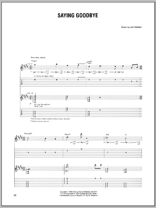 Joe Satriani Saying Goodbye Sheet Music Notes & Chords for Guitar Tab - Download or Print PDF