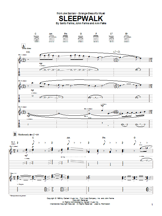 Joe Satriani Sleepwalk Sheet Music Notes & Chords for Guitar Tab - Download or Print PDF