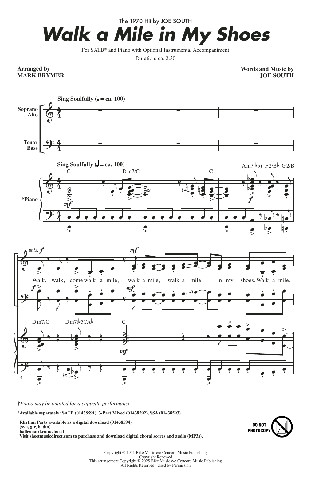 Joe South Walk A Mile In My Shoes (arr. Mark Brymer) Sheet Music Notes & Chords for SATB Choir - Download or Print PDF