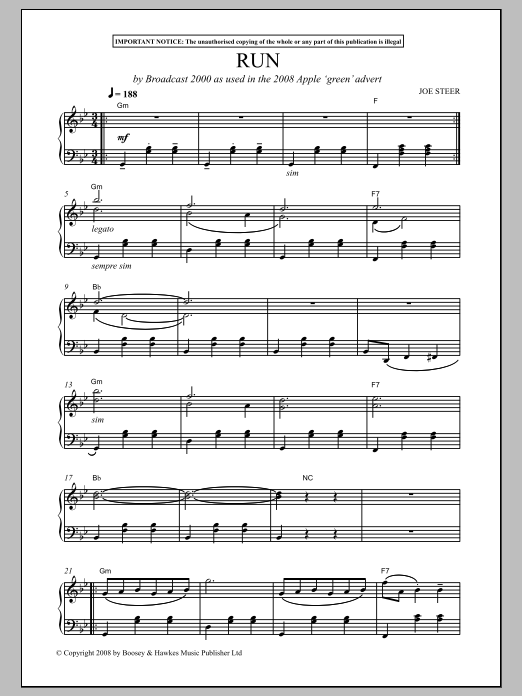 Joe Steer Run (By Broadcast 2000 As Used In The 2008 Apple 'Green' Advert) Sheet Music Notes & Chords for Piano - Download or Print PDF