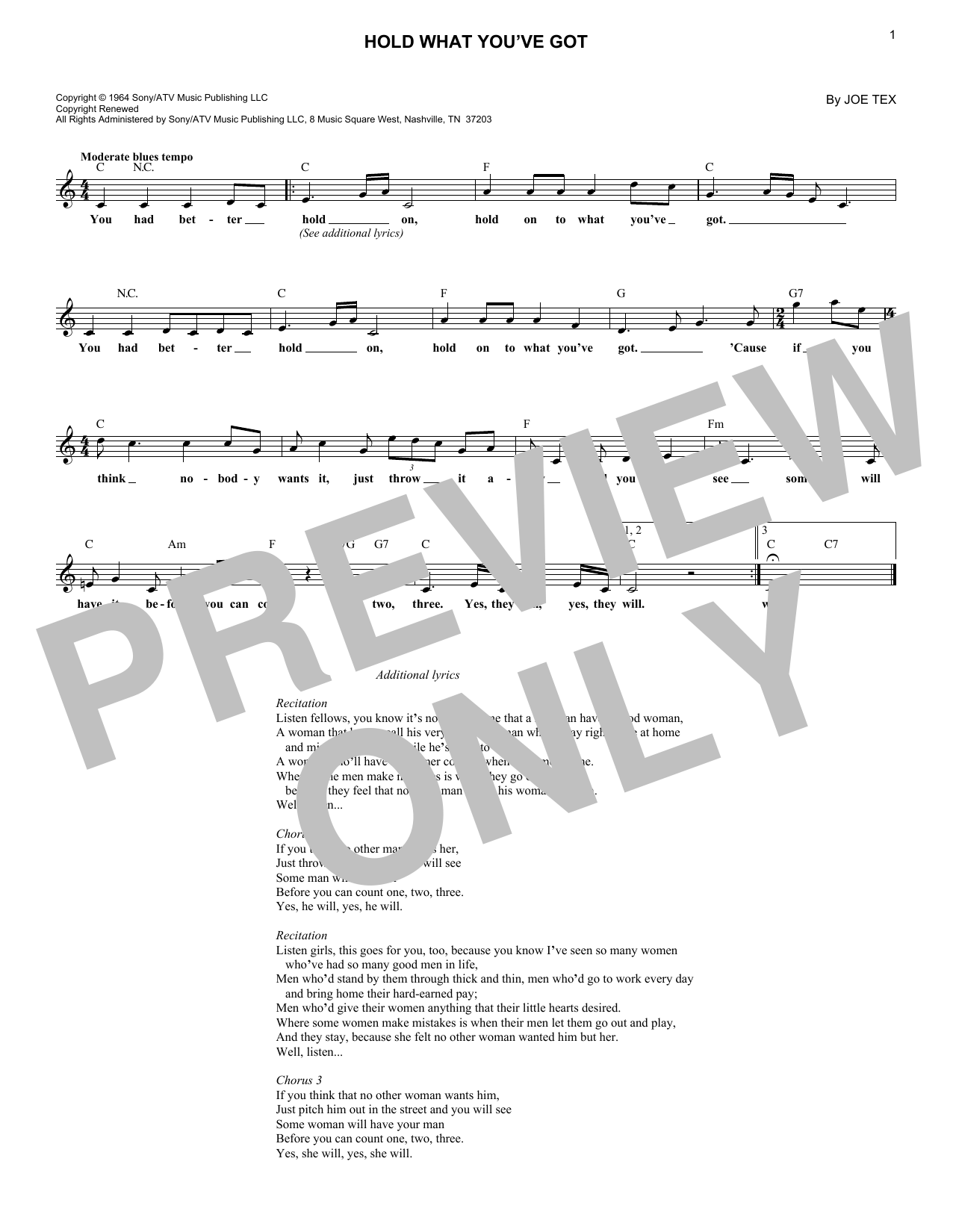 Joe Tex Hold What You've Got Sheet Music Notes & Chords for Melody Line, Lyrics & Chords - Download or Print PDF