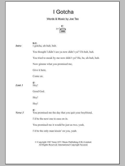 Joe Tex I Gotcha Sheet Music Notes & Chords for Lyrics & Chords - Download or Print PDF