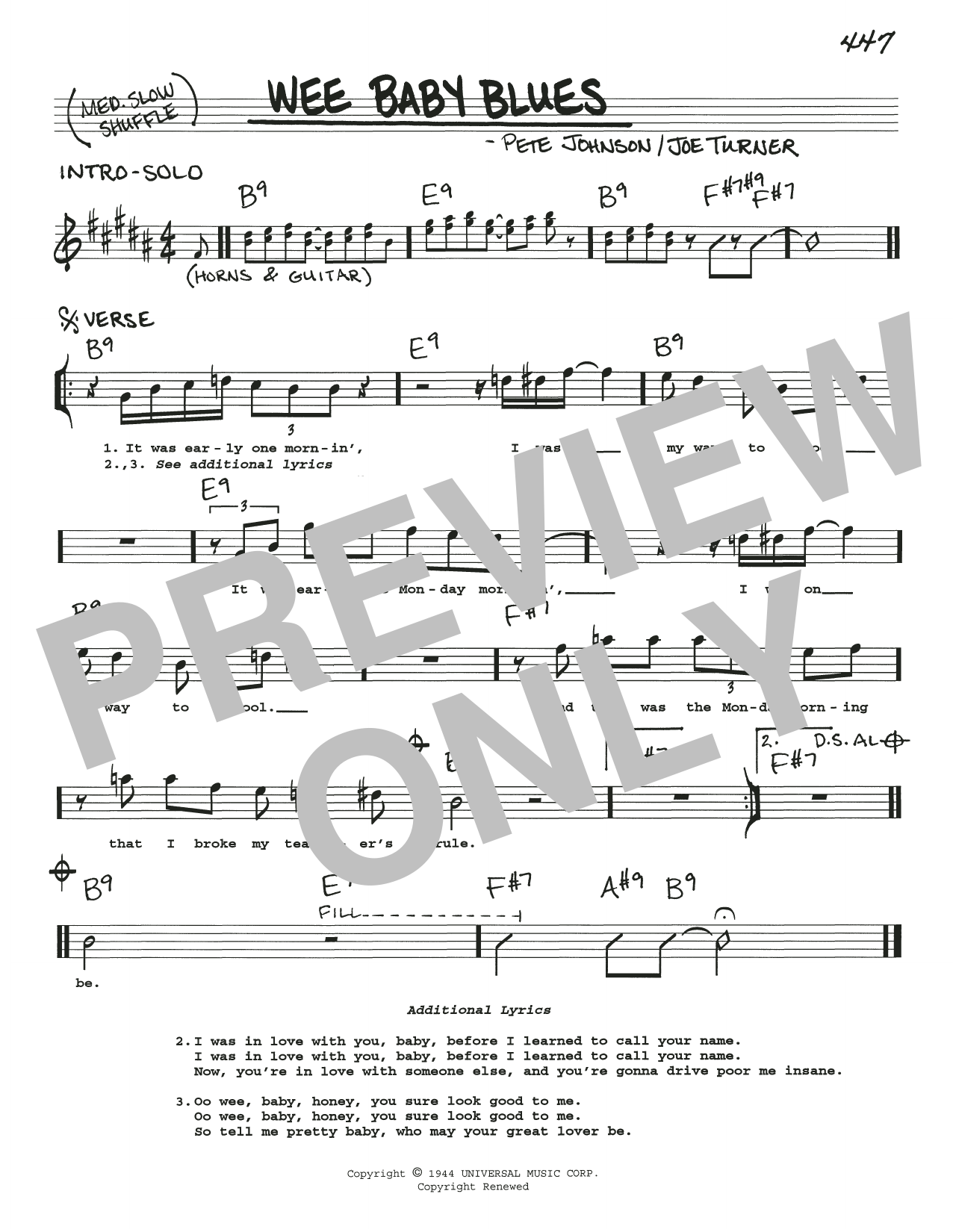 Joe Turner Wee Baby Blues Sheet Music Notes & Chords for Real Book – Melody, Lyrics & Chords - Download or Print PDF