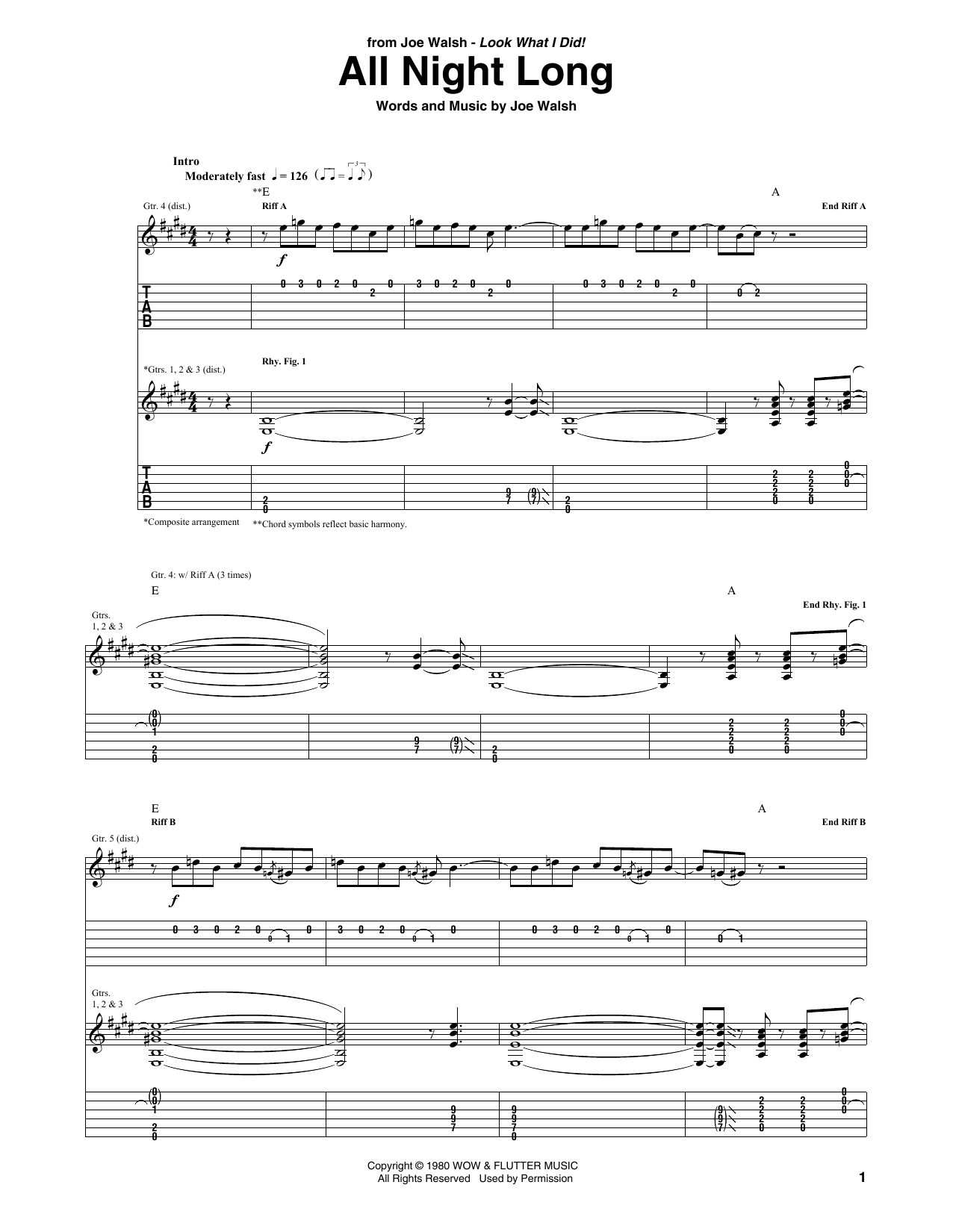 Joe Walsh All Night Long Sheet Music Notes & Chords for Guitar Tab - Download or Print PDF