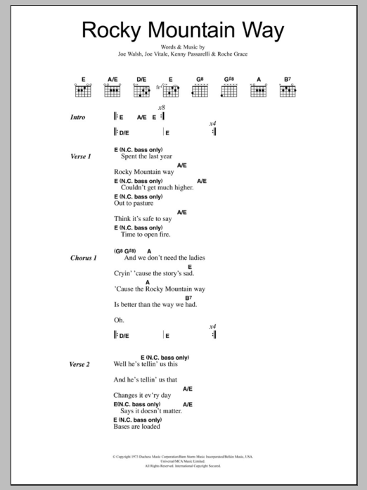 Joe Walsh Rocky Mountain Way Sheet Music Notes & Chords for Easy Guitar Tab - Download or Print PDF