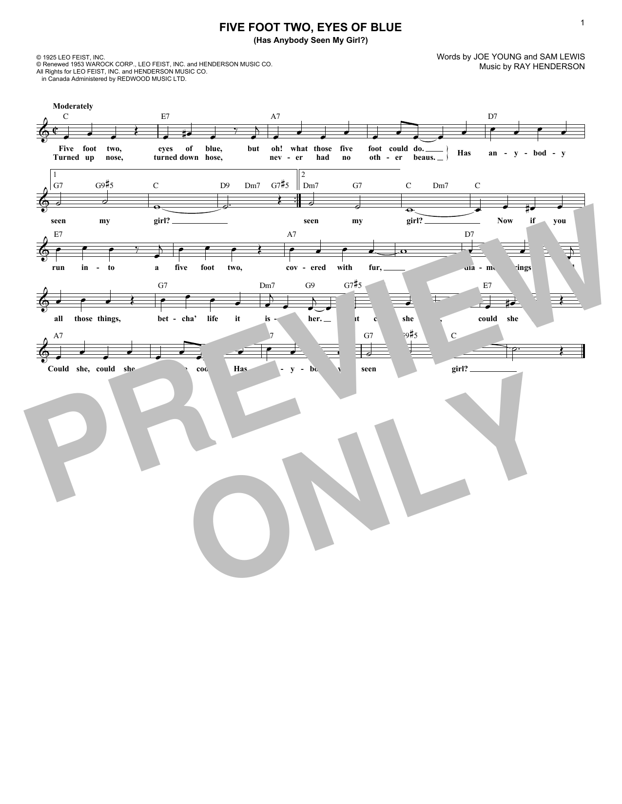 Joe Young Five Foot Two, Eyes Of Blue (Has Anybody Seen My Girl?) Sheet Music Notes & Chords for Melody Line, Lyrics & Chords - Download or Print PDF
