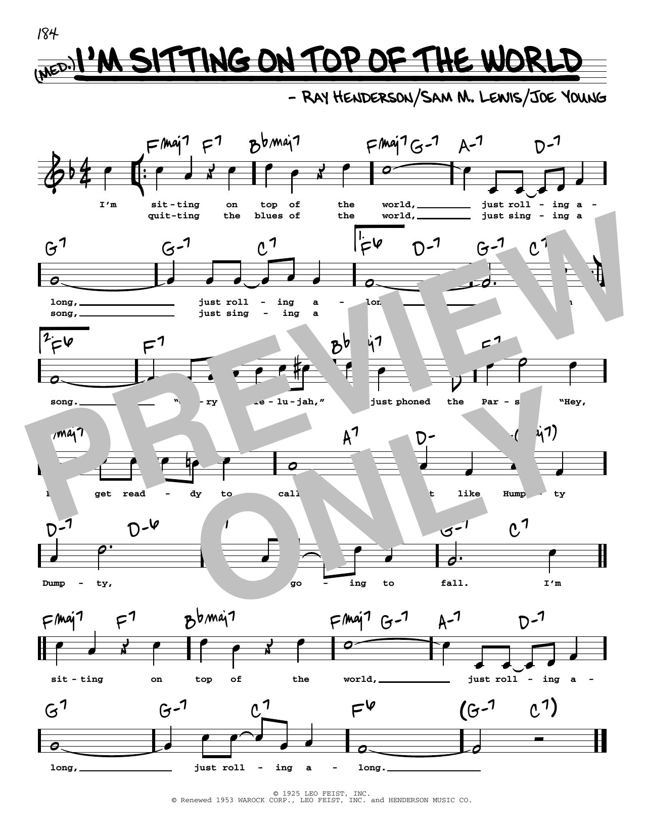 Joe Young I'm Sitting On Top Of The World (High Voice) (from The Jolson Story) Sheet Music Notes & Chords for Real Book – Melody, Lyrics & Chords - Download or Print PDF