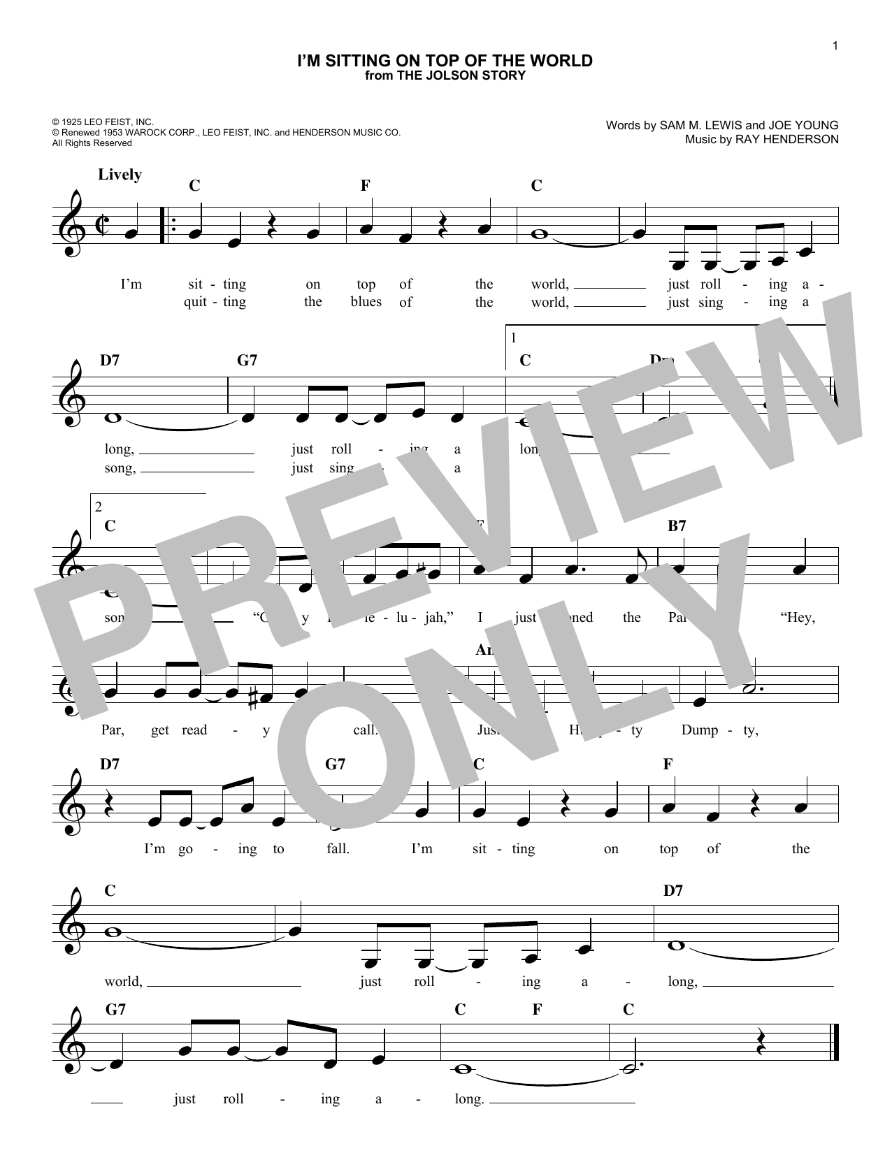 Joe Young I'm Sitting On Top Of The World Sheet Music Notes & Chords for Melody Line, Lyrics & Chords - Download or Print PDF