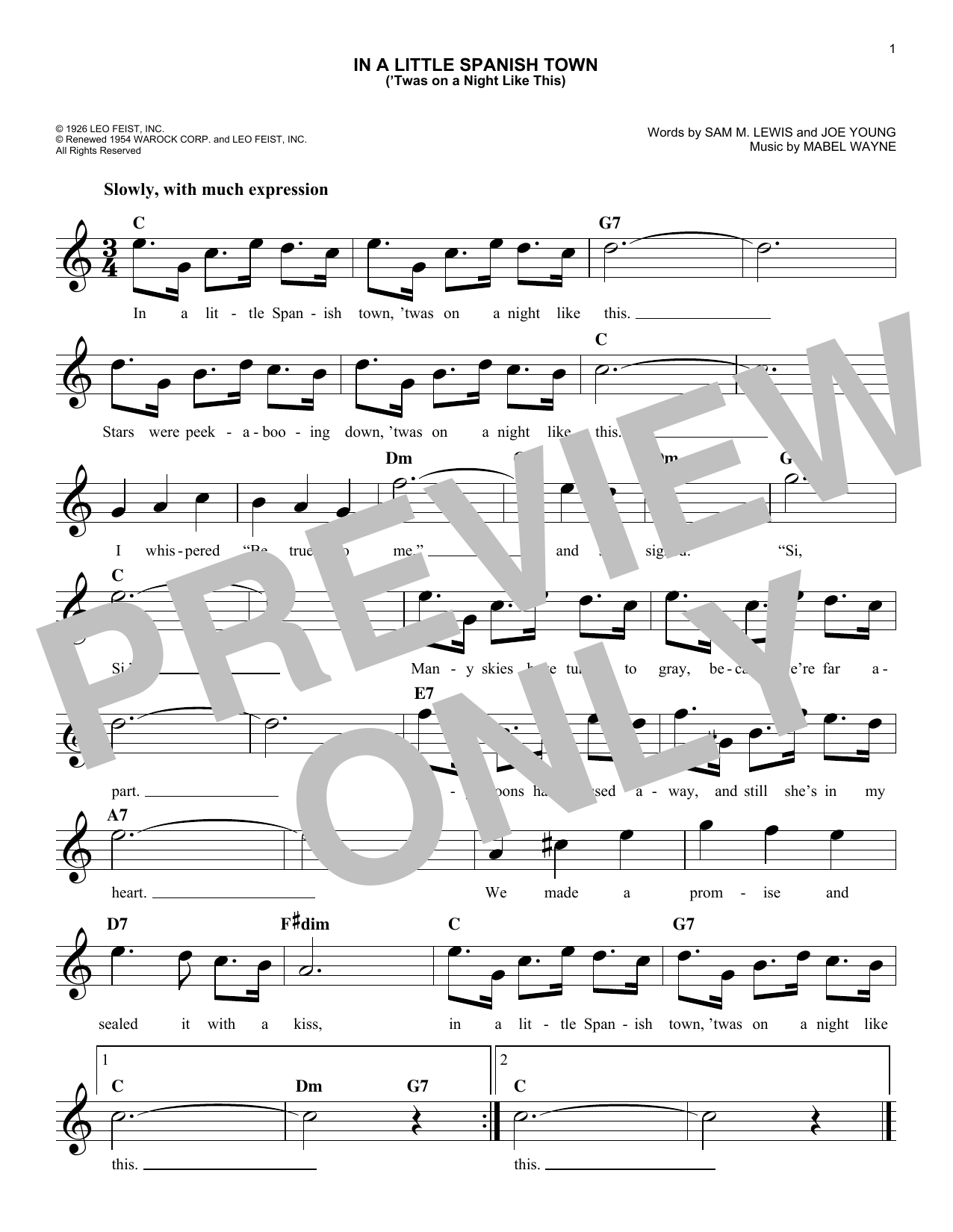 Joe Young In A Little Spanish Town ('Twas On A Night Like This) Sheet Music Notes & Chords for Melody Line, Lyrics & Chords - Download or Print PDF