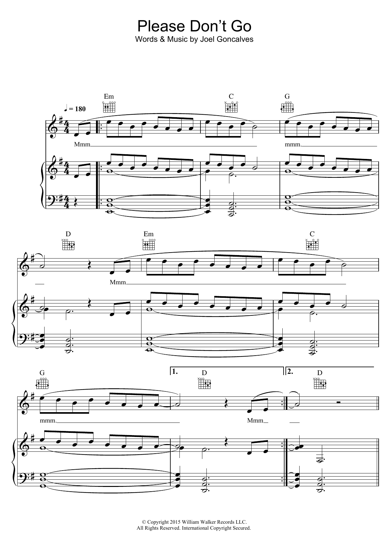 Joel Adams Please Don't Go Sheet Music Notes & Chords for Piano, Vocal & Guitar (Right-Hand Melody) - Download or Print PDF