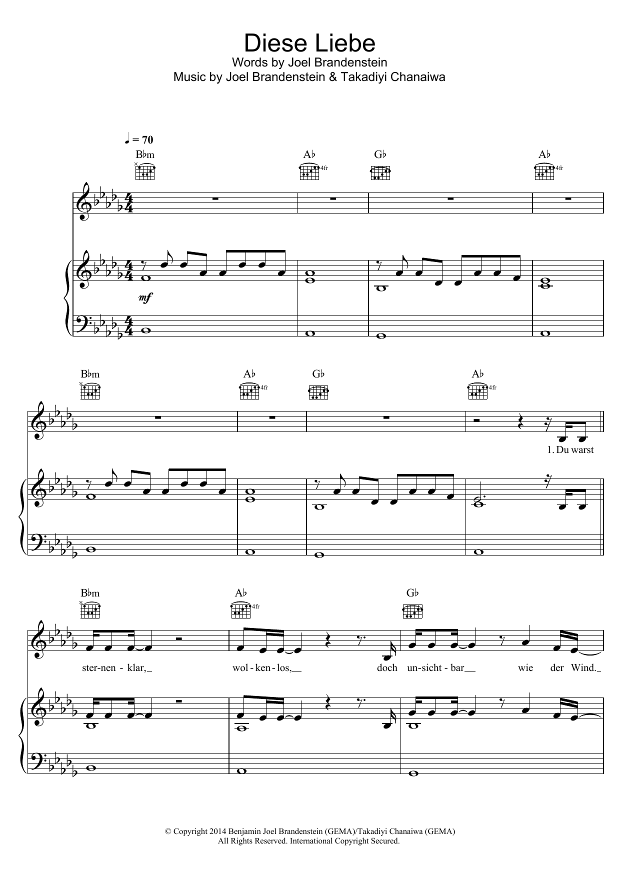 Joel Brandenstein Diese Liebe Sheet Music Notes & Chords for Piano, Vocal & Guitar (Right-Hand Melody) - Download or Print PDF
