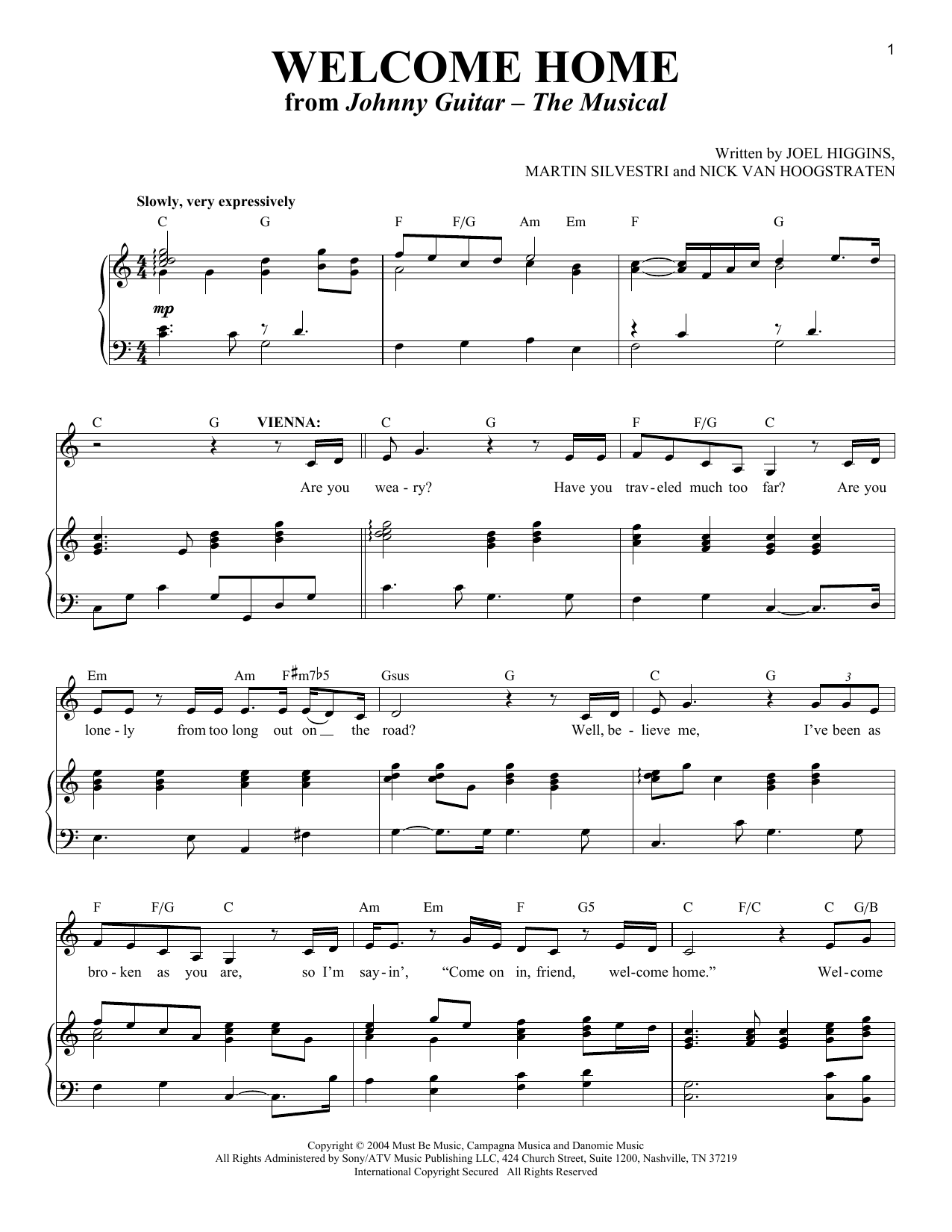 Joel Higgins, Martin Silvestri and Nick Van Hoogstraten Welcome Home (from Johnny Guitar - The Musical) Sheet Music Notes & Chords for Piano & Vocal - Download or Print PDF