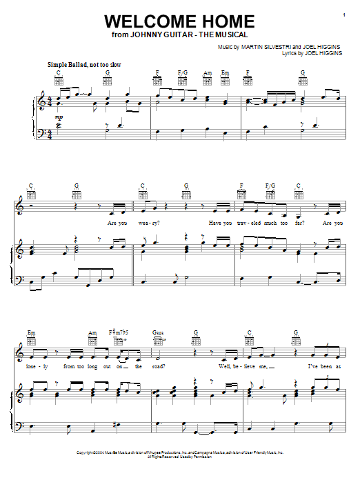 Joel Higgins Welcome Home Sheet Music Notes & Chords for Piano, Vocal & Guitar (Right-Hand Melody) - Download or Print PDF