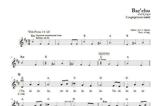 Joel N. Eglash Bar'chu Sheet Music Notes & Chords for Melody Line, Lyrics & Chords - Download or Print PDF
