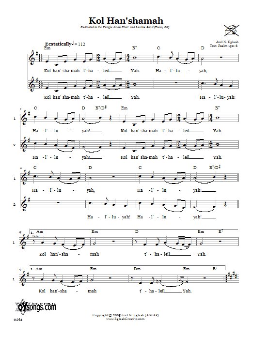 Joel N. Eglash Kol Han'shamah (May Everything That Breathes Praise God) Sheet Music Notes & Chords for Piano, Vocal & Guitar (Right-Hand Melody) - Download or Print PDF