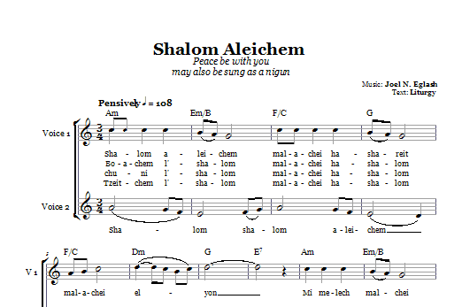 Joel N. Eglash Shalom Aleichem (Peace Be With You) Sheet Music Notes & Chords for 2-Part Choir - Download or Print PDF