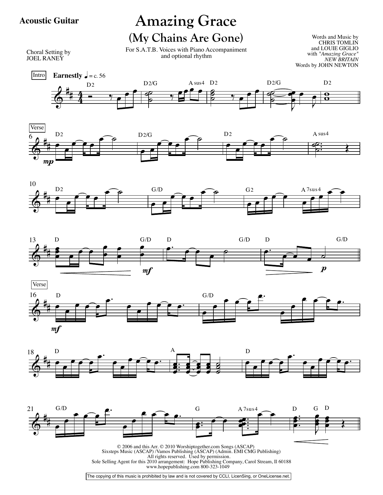 Joel Raney Amazing Grace (My Chains Are Gone) - Acoustic Guitar Sheet Music Notes & Chords for Choir Instrumental Pak - Download or Print PDF
