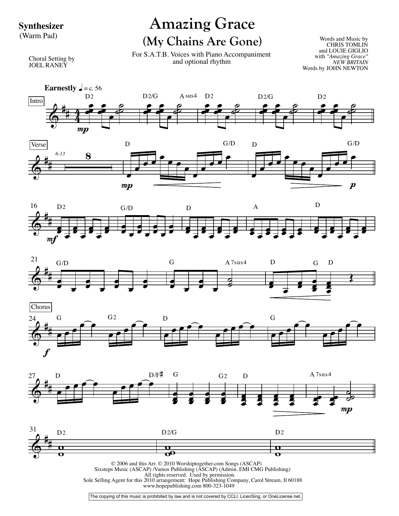 Joel Raney Amazing Grace (My Chains Are Gone) - Synthesizer Sheet Music Notes & Chords for Choir Instrumental Pak - Download or Print PDF