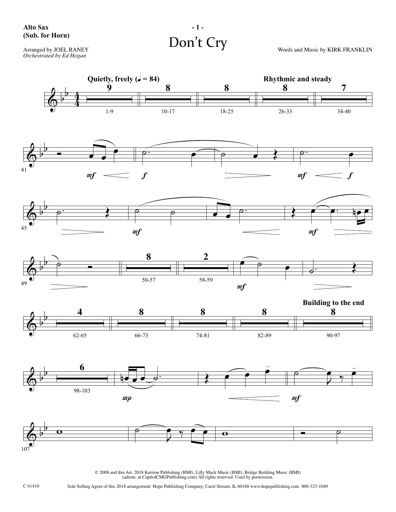 Joel Raney Don't Cry - Alto Sax (Horn sub.) Sheet Music Notes & Chords for Choir Instrumental Pak - Download or Print PDF