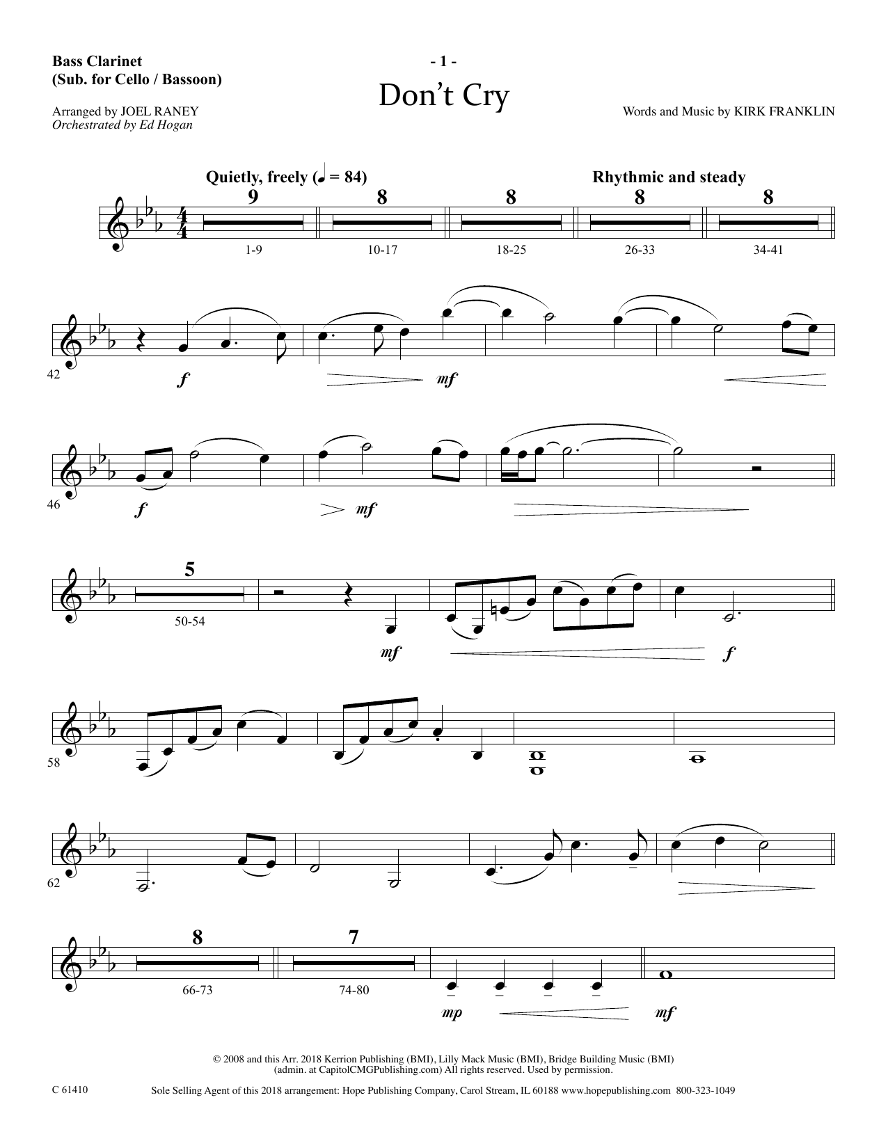 Joel Raney Don't Cry - Bass Clarinet (sub. Cello/Bsn) Sheet Music Notes & Chords for Choir Instrumental Pak - Download or Print PDF