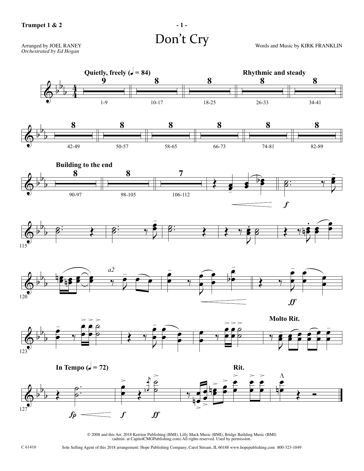 Joel Raney Don't Cry - Bb Trumpet 1 & 2 Sheet Music Notes & Chords for Choir Instrumental Pak - Download or Print PDF