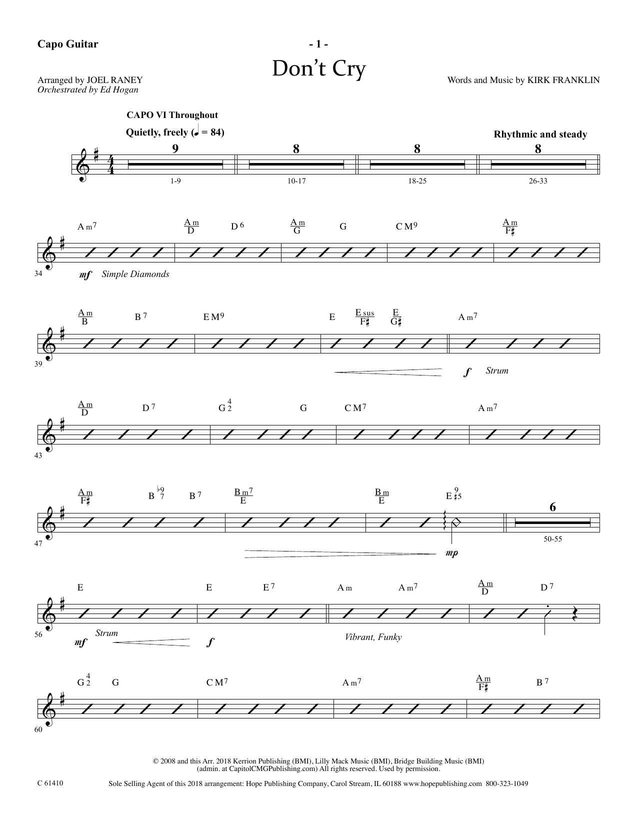 Joel Raney Don't Cry - Capo Guitar Sheet Music Notes & Chords for Choir Instrumental Pak - Download or Print PDF